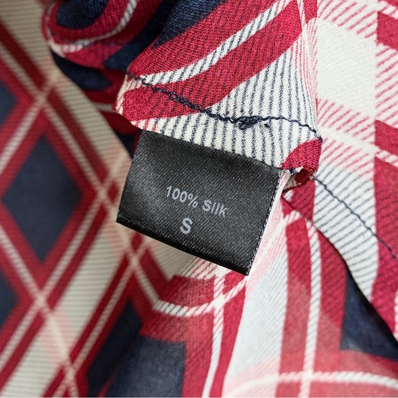 Jenni Kayne 100% Silk Short Sleeve Midi Sheath Dress (Sz S) Red Navy Blue Plaid - Picture 15 of 16